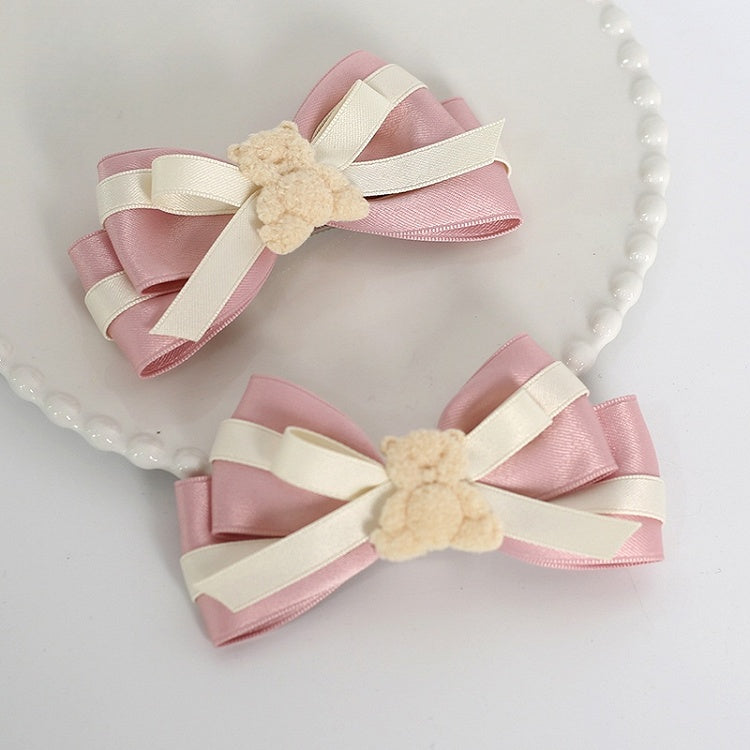of Sweet Bear A Hairclips with and Pair Beige Pink Bowknot Decorations