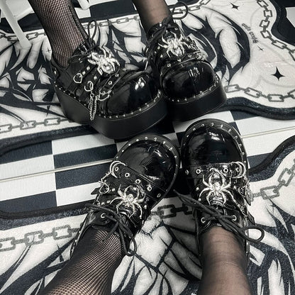 Punk Textured Black Spider Design Buckle Strap Stud Platform Shoes