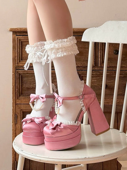 Kawaii Pink Pearl Chain & Lace Bow Accent 5cm Platform Round Toe Shoes - Witch's Night