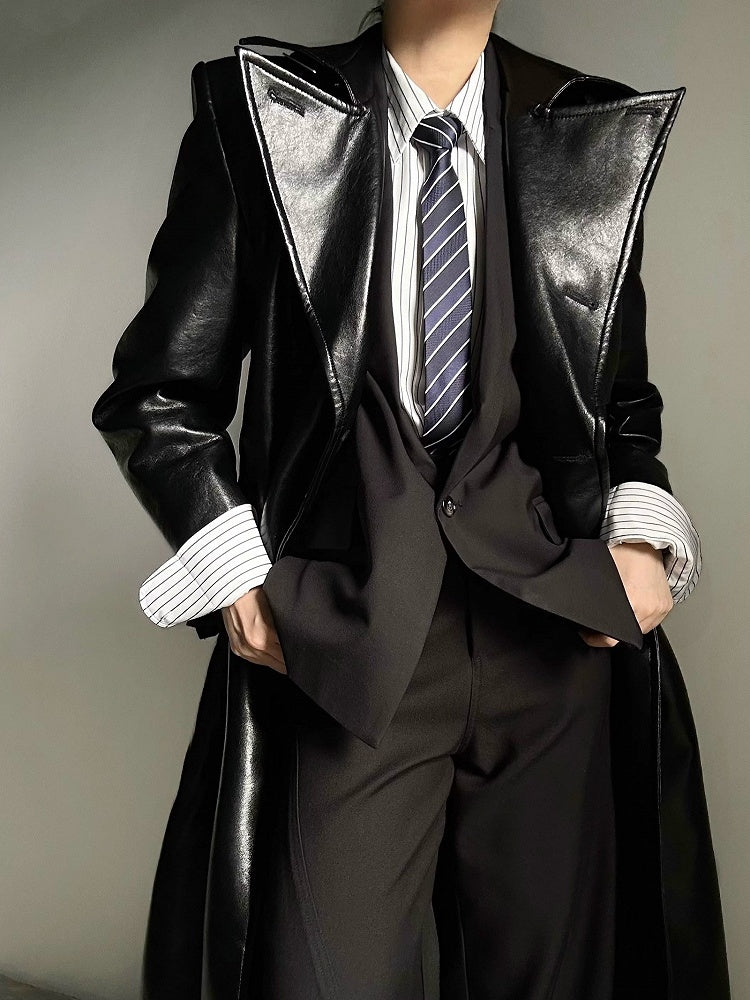 Coat Front with Button PU Dual-Wear Black Design Waist Ouji Set Belt