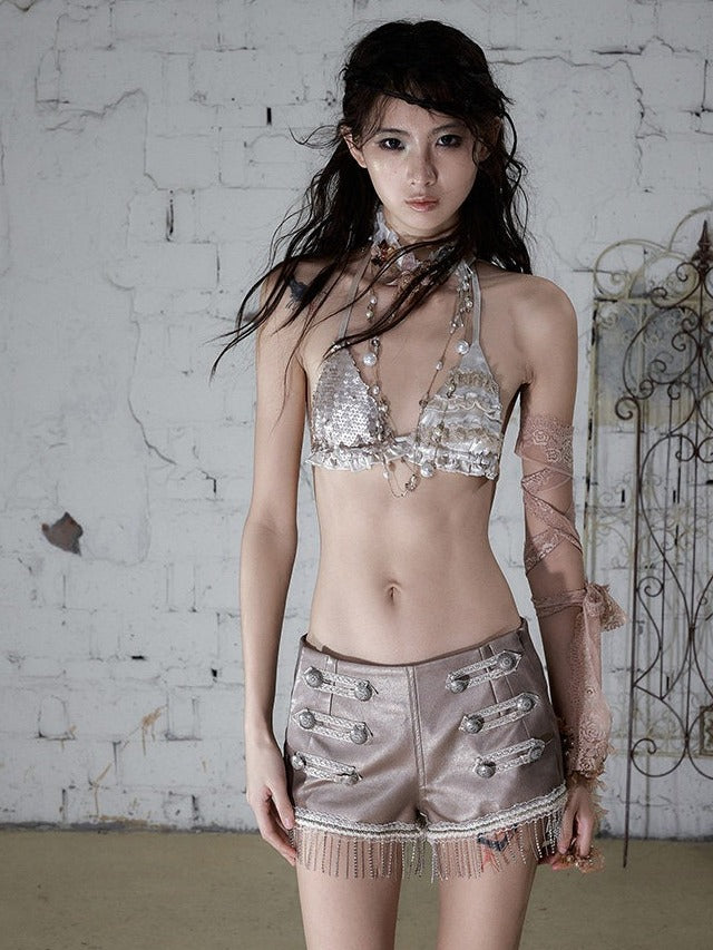 Vintage Punk Apricot Satin Halter Bralette with Sequin and Lace - NO ROMANCE