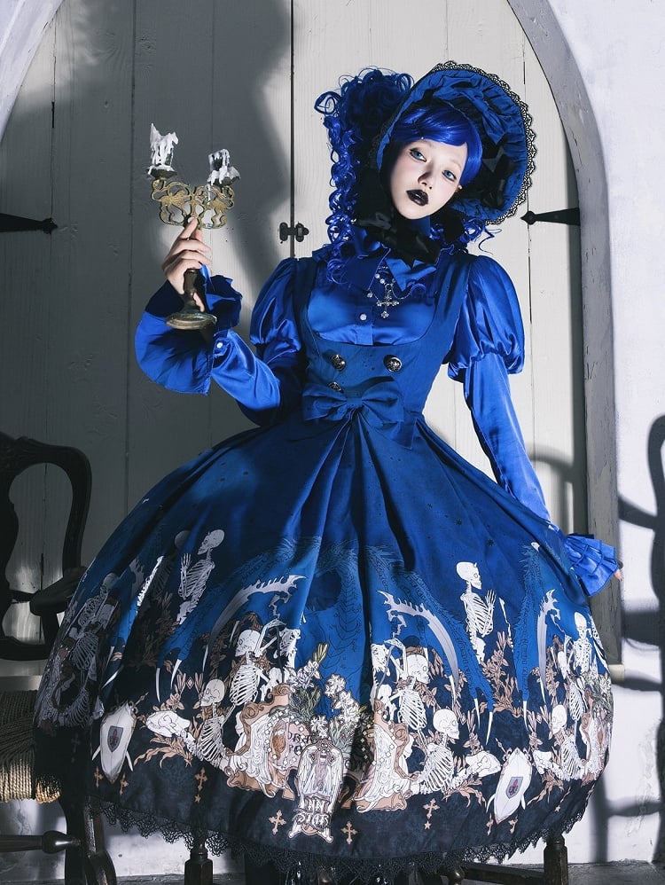 Blue Skeleton Cross Print Under Bust Gothic Lolita Dress with Black Lace Trim - NnSTAR