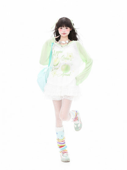 Top Loose-Fit for Apple Fall and - Sleeve Green/Yellow Print Semi-Sheer with Summer Long Breathable