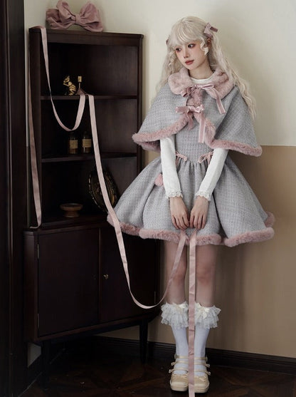 Tweed-Pelzkleid Pelz + süßer Umhang