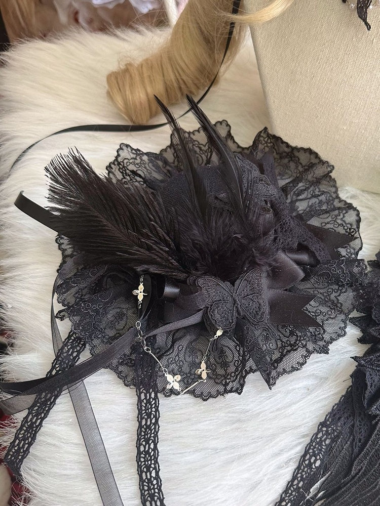 White/Black Lace Embellishment Hat Mini Butterfly with and Feather
