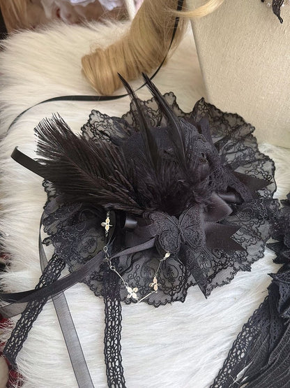 White/Black Lace Embellishment Hat Mini Butterfly with and Feather
