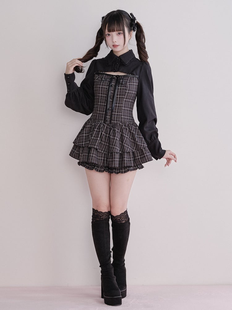Dress Matching Fake Jirai Gray Long-Sleeve + Kei Two-Piece Set Shorts Plaid
