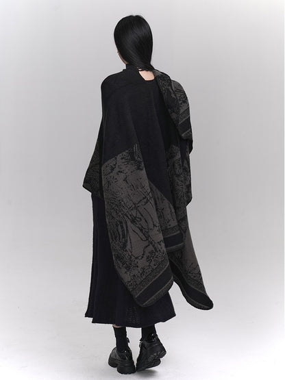 Ethnic Illustration Gothic Black Gray Poncho