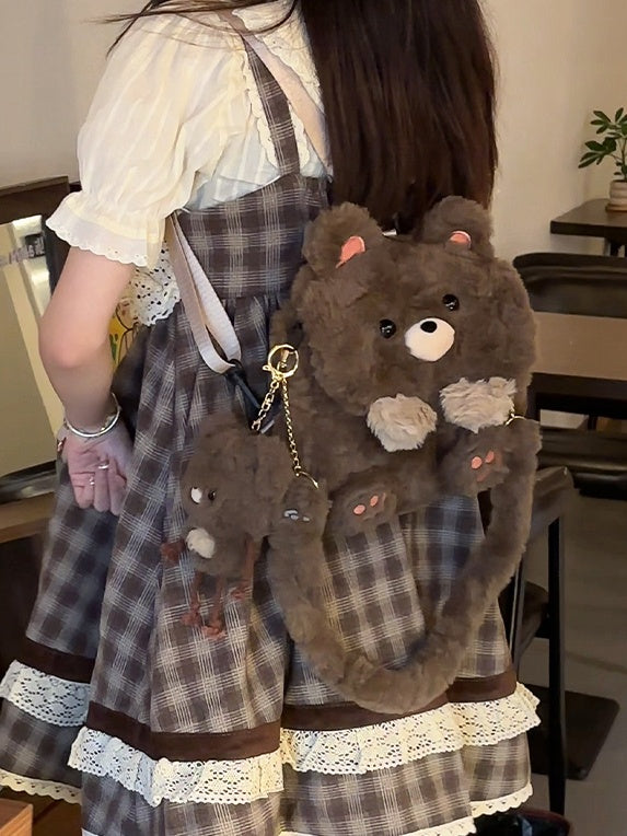 Brown Cute Bear Plush Flap Backpack Bag Middle/Large Size