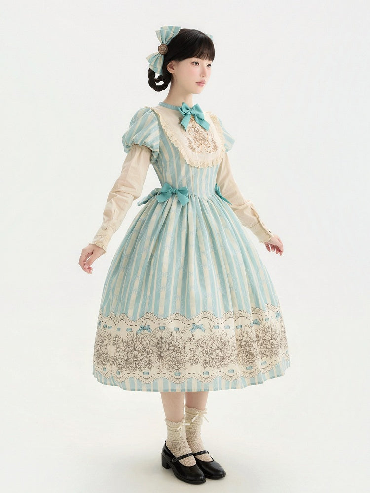 Embroidery One Bodice Piece Blue Floral Striped Classic and Bowknot Version Lolita Pattern Long
