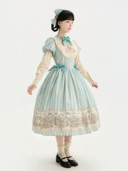 Embroidery One Bodice Piece Blue Floral Striped Classic and Bowknot Version Lolita Pattern Long