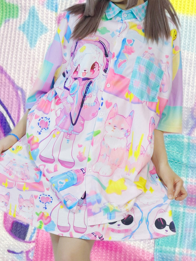 Plaid Blue Shirt Cartoon Print Pattern Light