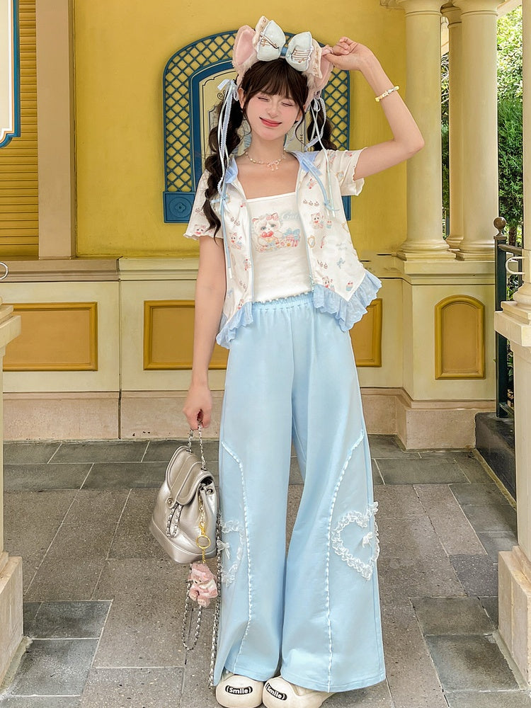 裾ホワイトスクープネックライン キャットプリント レタスキャミトップ