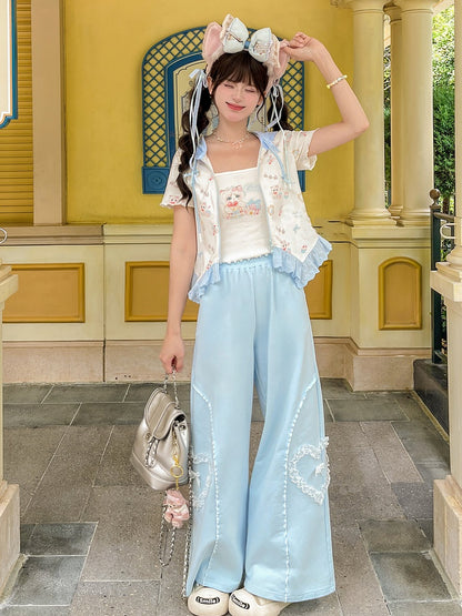 裾ホワイトスクープネックライン キャットプリント レタスキャミトップ