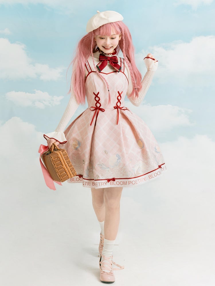 ジャンパートリミングピンクレッドロリータスカートフロントレースアップと