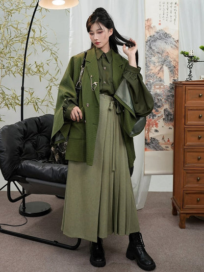 Blazer Front Slit Cuff Green Style Unisex Notched with Design Collar - Chinese Double-Breasted