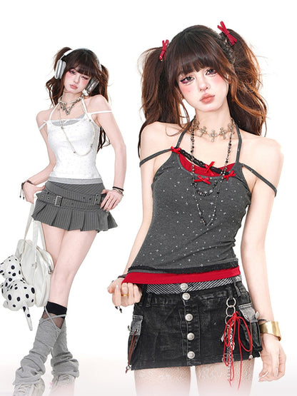 Grau/weißes Neckholder-Camisole mit Schleifendetails, zweiteilig, glamourös