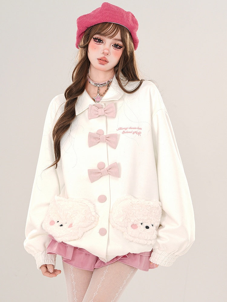 Pink/White Plush Puppy Pockets Polo Collar Jacket