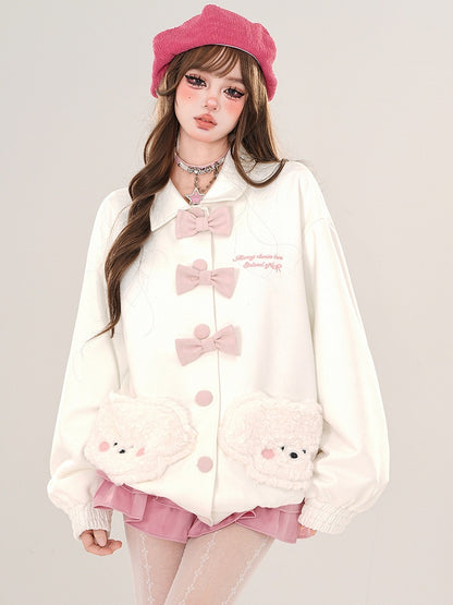 Pink/White Plush Puppy Pockets Polo Collar Jacket