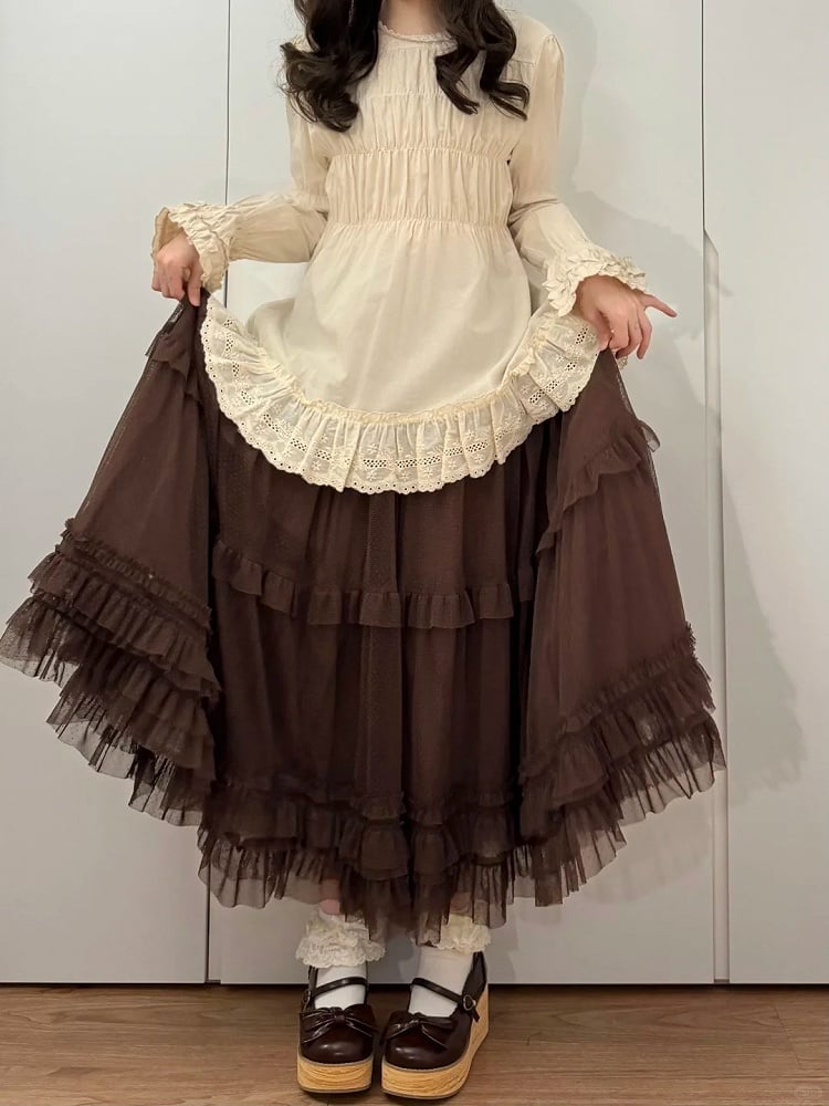 Jupe Lolita marron à volants à plusieurs épaisseurs, élégante et ample en tulle