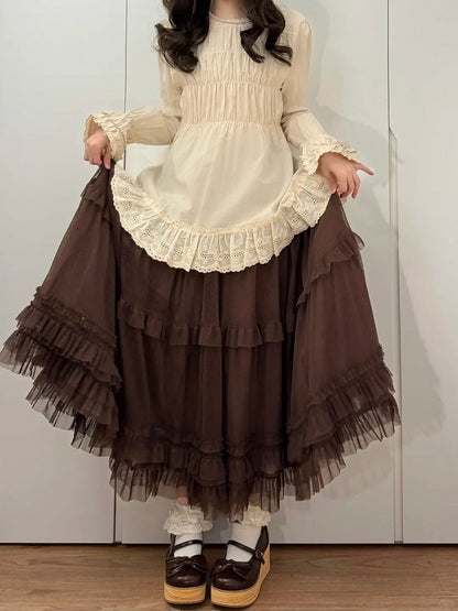 Jupe Lolita marron à volants à plusieurs épaisseurs, élégante et ample en tulle