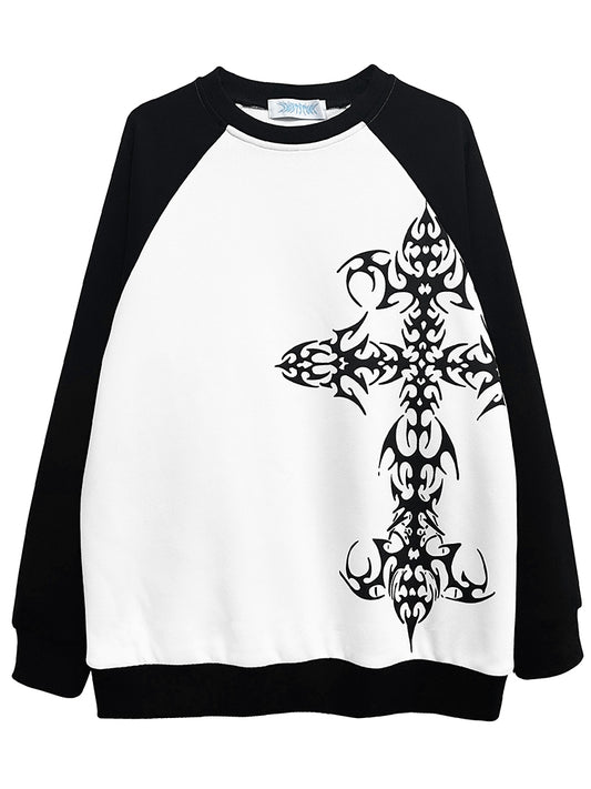 Black and White Colorblock Tattoo Cross Graphic Sweatshirt