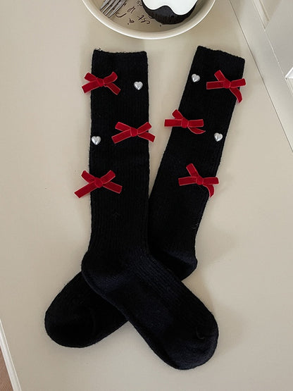 Weiße Lolita Wadensocken mit Schleife und Herz