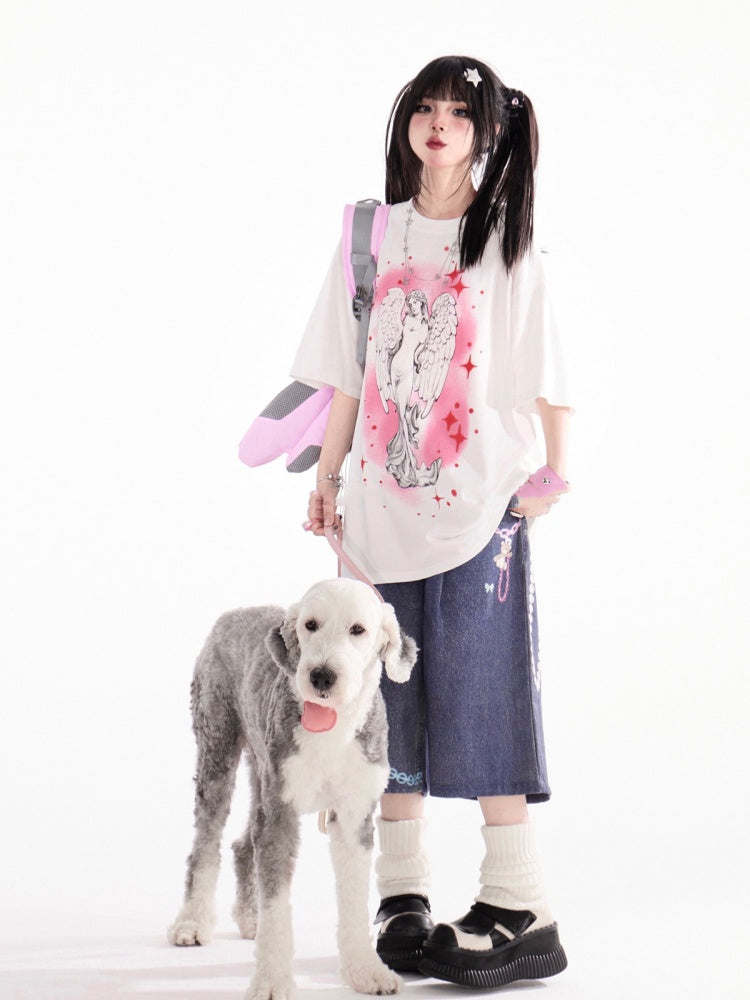 プリントルーズホワイトラウンドネックエンジェルTシャツ