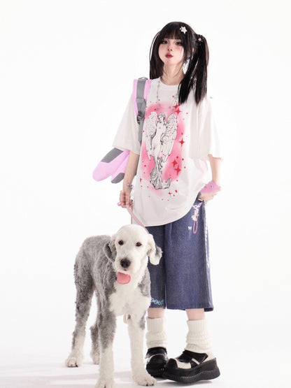 プリントルーズホワイトラウンドネックエンジェルTシャツ