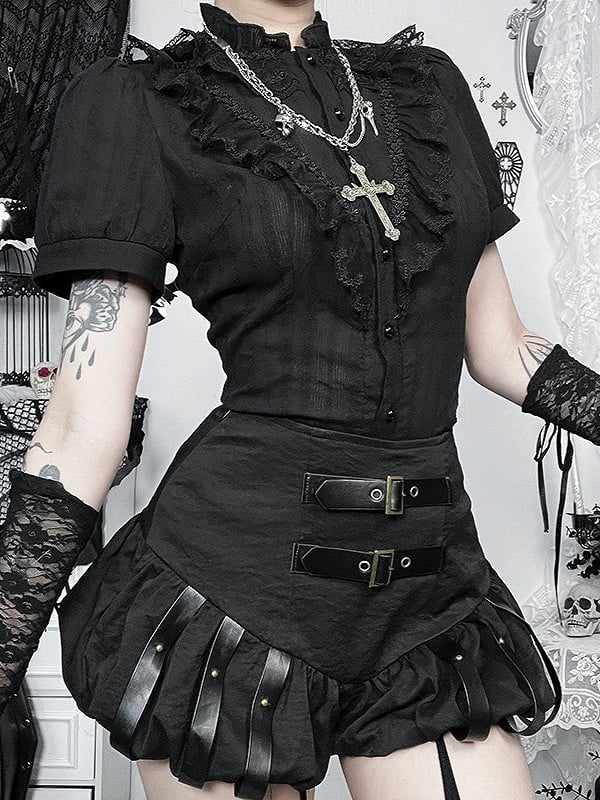 Metal PU Black Halloween Zipper Skirt with Straps Adjustable Buckle Studded Side Gothic