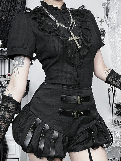 Metal PU Black Halloween Zipper Skirt with Straps Adjustable Buckle Studded Side Gothic