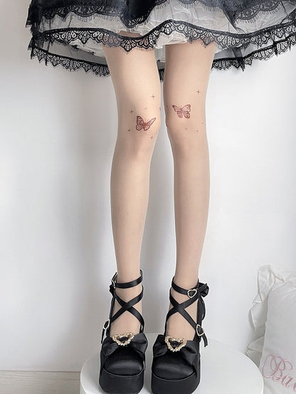 アプリコットバタフライタトゥープリントロリータタイツ