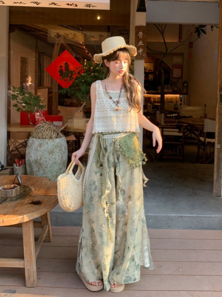 Dye Wide-Leg Pants Mori Kei Green Tie Accessory Regular/Short Detachable Version with Knitted