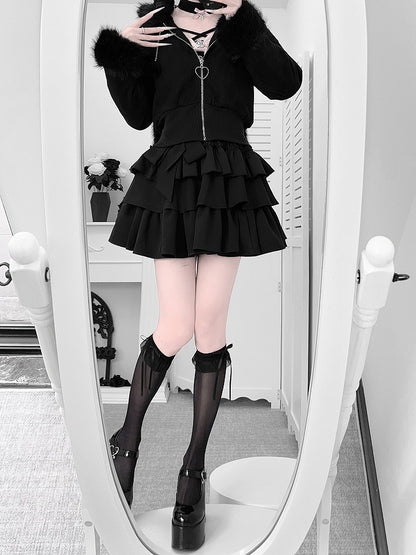 Hooded Fur Kei Warm and with Padded Short Collar Bunny Ear Jirai Black Jacket Cuffs