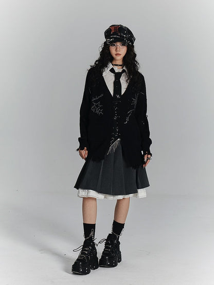 Cardigan Rhinestone Hem Placket Black Frayed V-Neck with Punk Three-Pin Knit