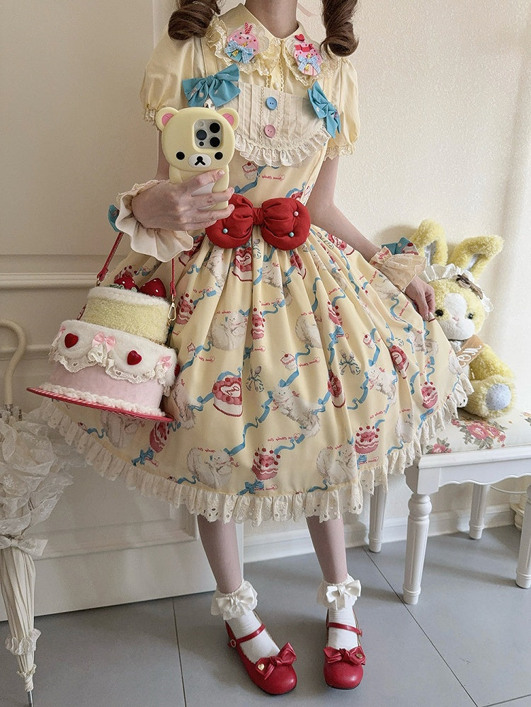 Lolita Print Kleid Gelb Showa Cherry Fashion Creme Sweet Cake Kitty und