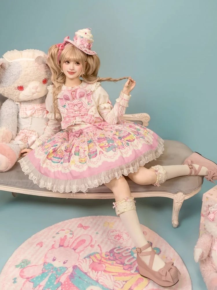 and Pink Sweet Lolita Bunny Print Dress Overall White Cupcake