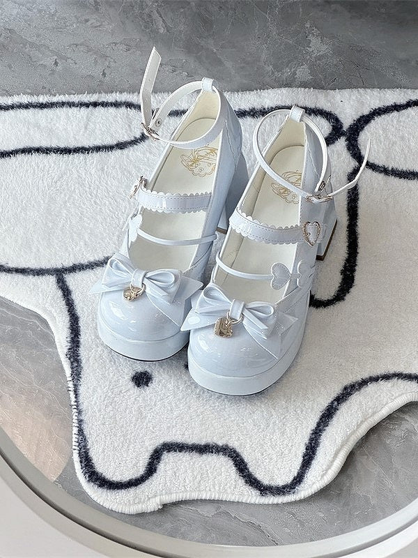 Snap Blue Heart-Shaped Block Lolita PU Elegant Platform Light Heels Bow High with Accents