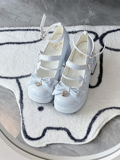 Snap Blue Heart-Shaped Block Lolita PU Elegant Platform Light Heels Bow High with Accents