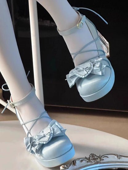 Sweet - Platform for Blue PU Bow with Lolita Floral Leather Shoes Heel