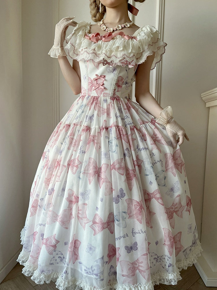 Pink Bows and Butterfly Print Lolita Dress Two Ways Wear Neckline