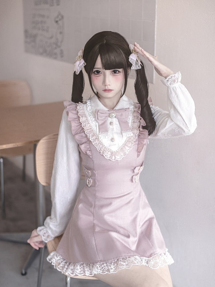 Ryousangata Pink Lace Long Sleeve Dress & Shorts Bow Set - Ekomi