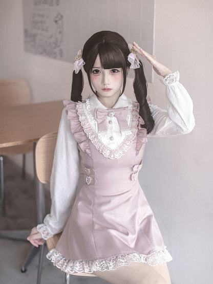 Ryousangata Pink Lace Long Sleeve Dress & Shorts Bow Set - Ekomi