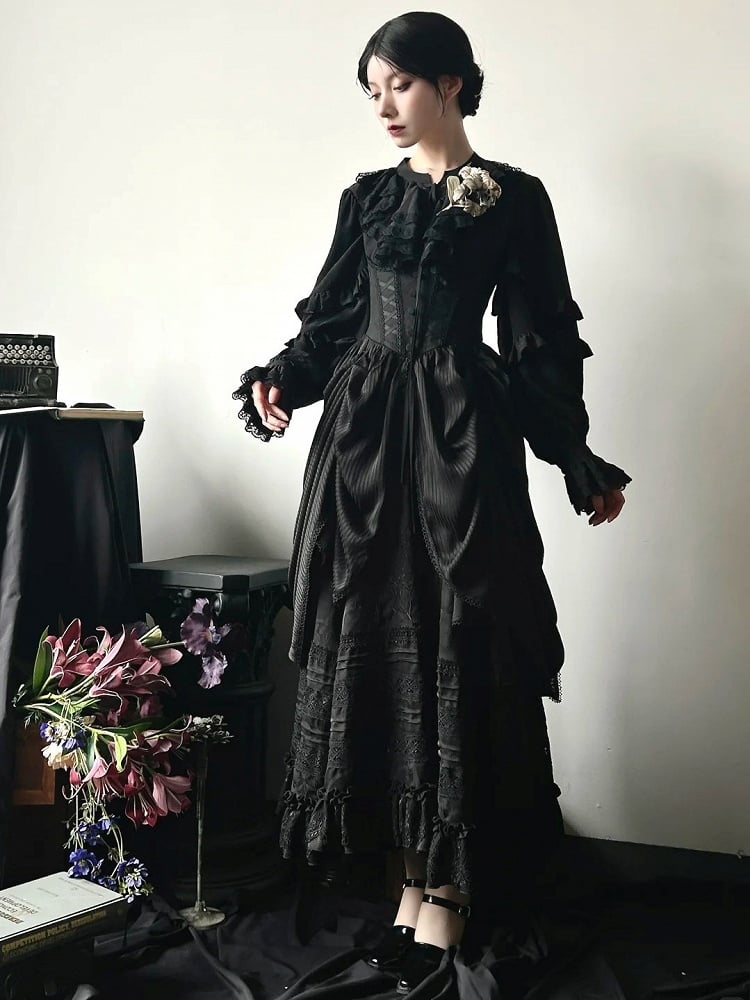 Lace-Up Ruffled Long Black with Sleeves Front Blouse