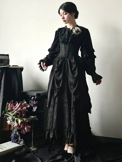 Lace-Up Ruffled Long Black with Sleeves Front Blouse