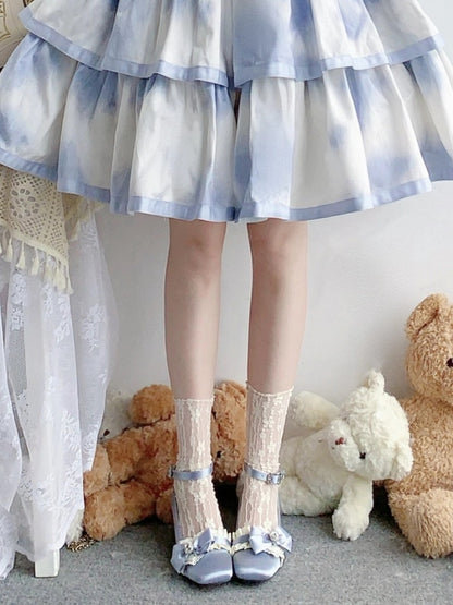 Elegant in Blue Janes Ruffle Loltia Toe Crystal Mary Bow Edging Mid-heel Satin with Square Embellished