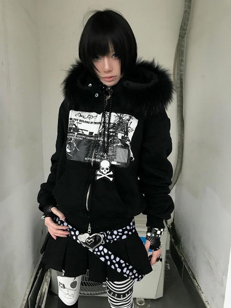 Hoodie Zip-up with Fur Black Print Y2K and Faux Graphic Trim
