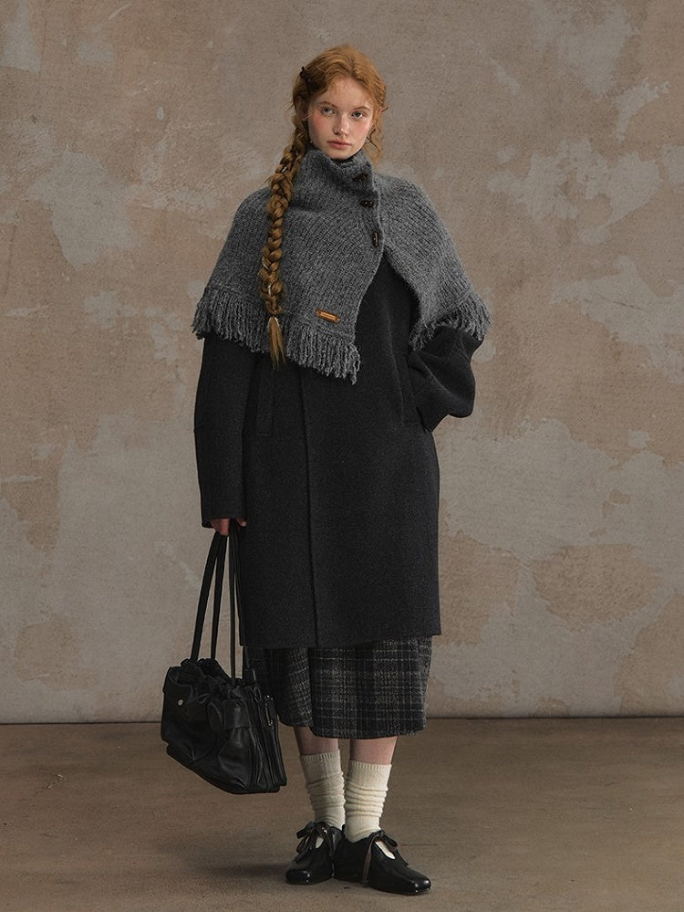 Toggle with Frayed Closure and Knit Edges Shawl Camel/Gray Cozy Winter