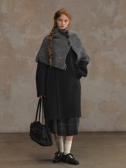 Toggle with Frayed Closure and Knit Edges Shawl Camel/Gray Cozy Winter