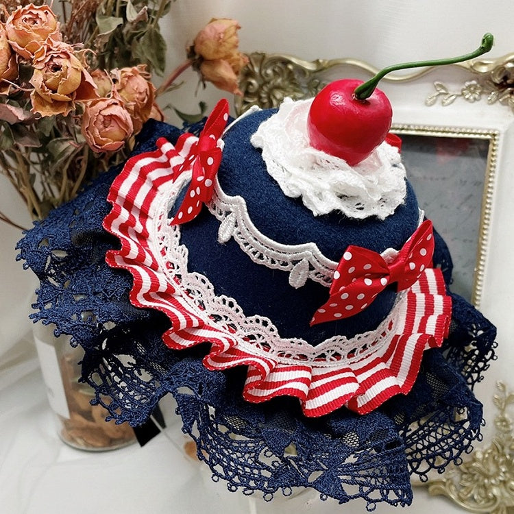 Blue Details Polka-Dot Mini Trim Pattern Hat Lace Decorated Bowknot Cherry